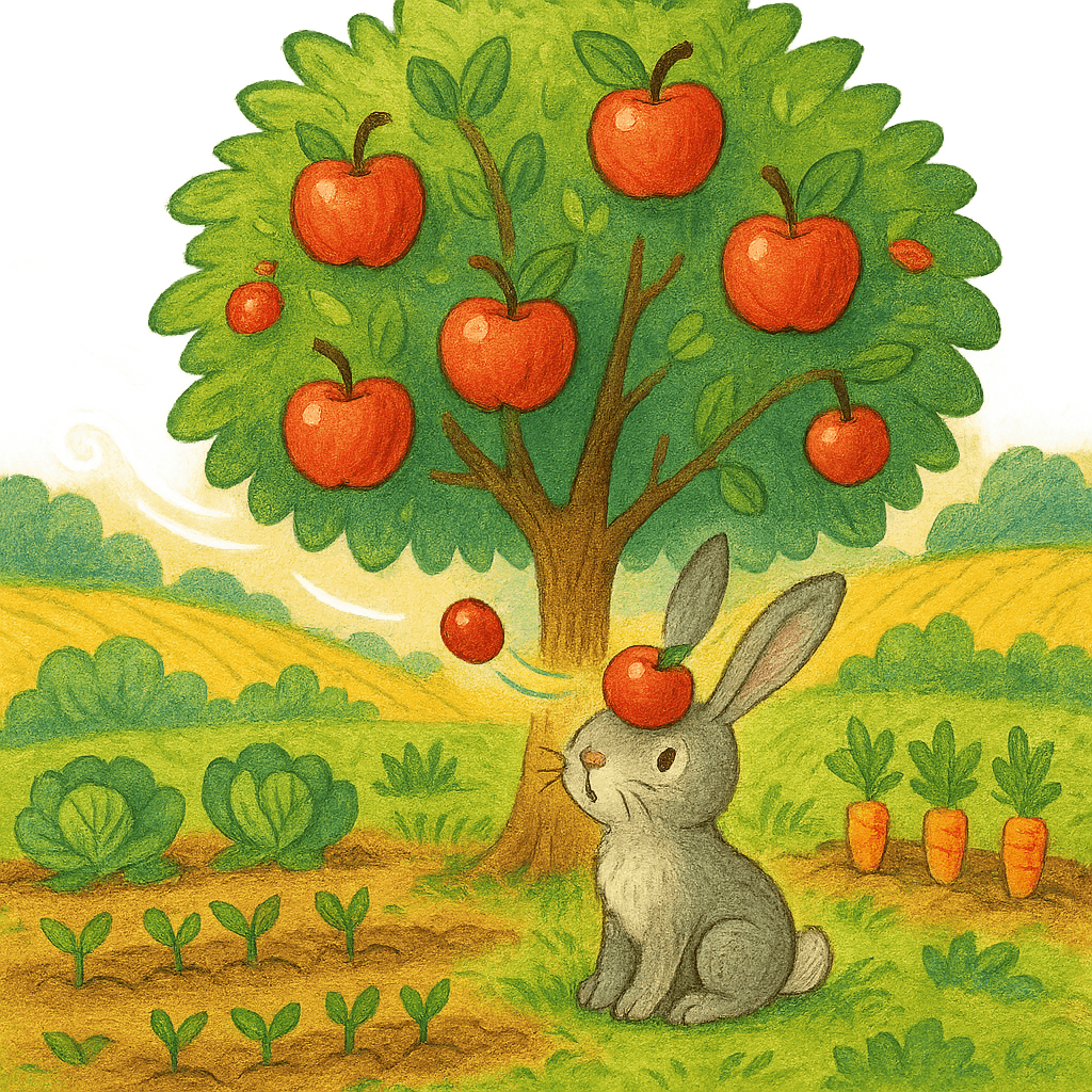 Яблоня с яблоками, под ней сидит заяц, которому на лоб падает яблоко