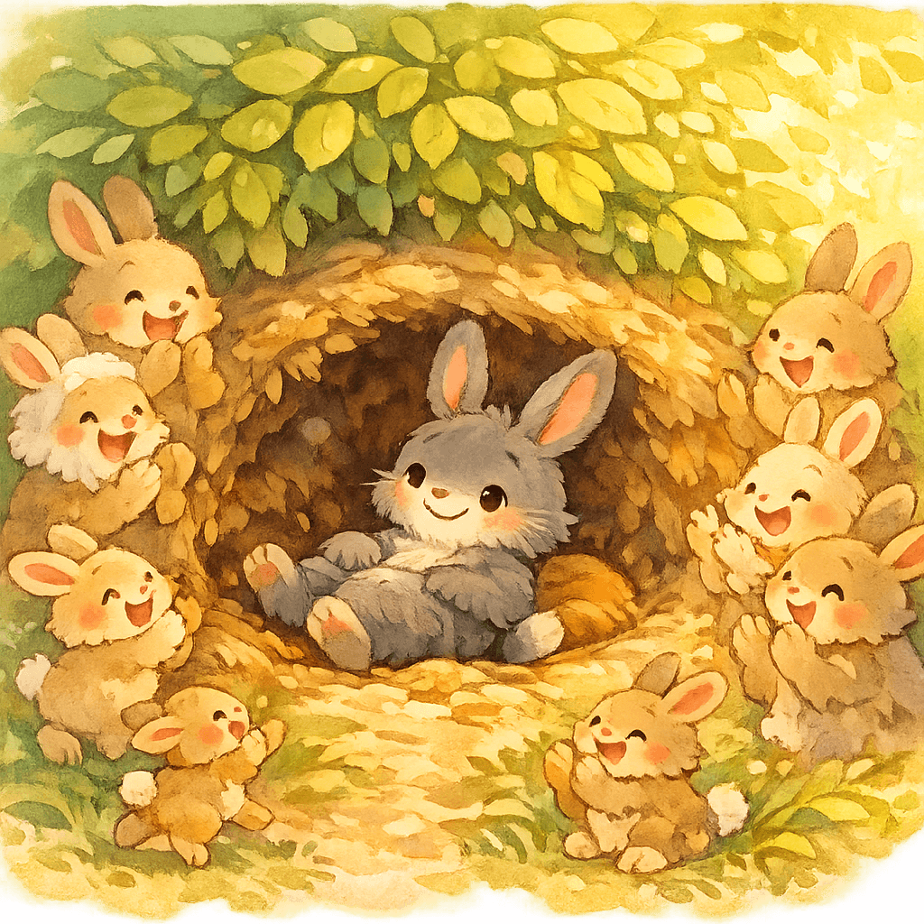 Другие зайцы благодарят и поддерживают храброго зайца в ямке под кустом