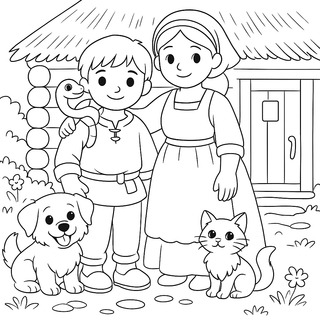 Раскраска по сказке "Змей, кошечка и пес"
