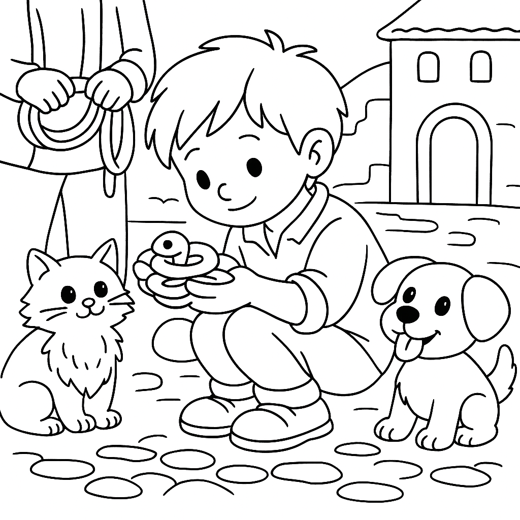 Раскраска по сказке "Змей, кошечка и пес"