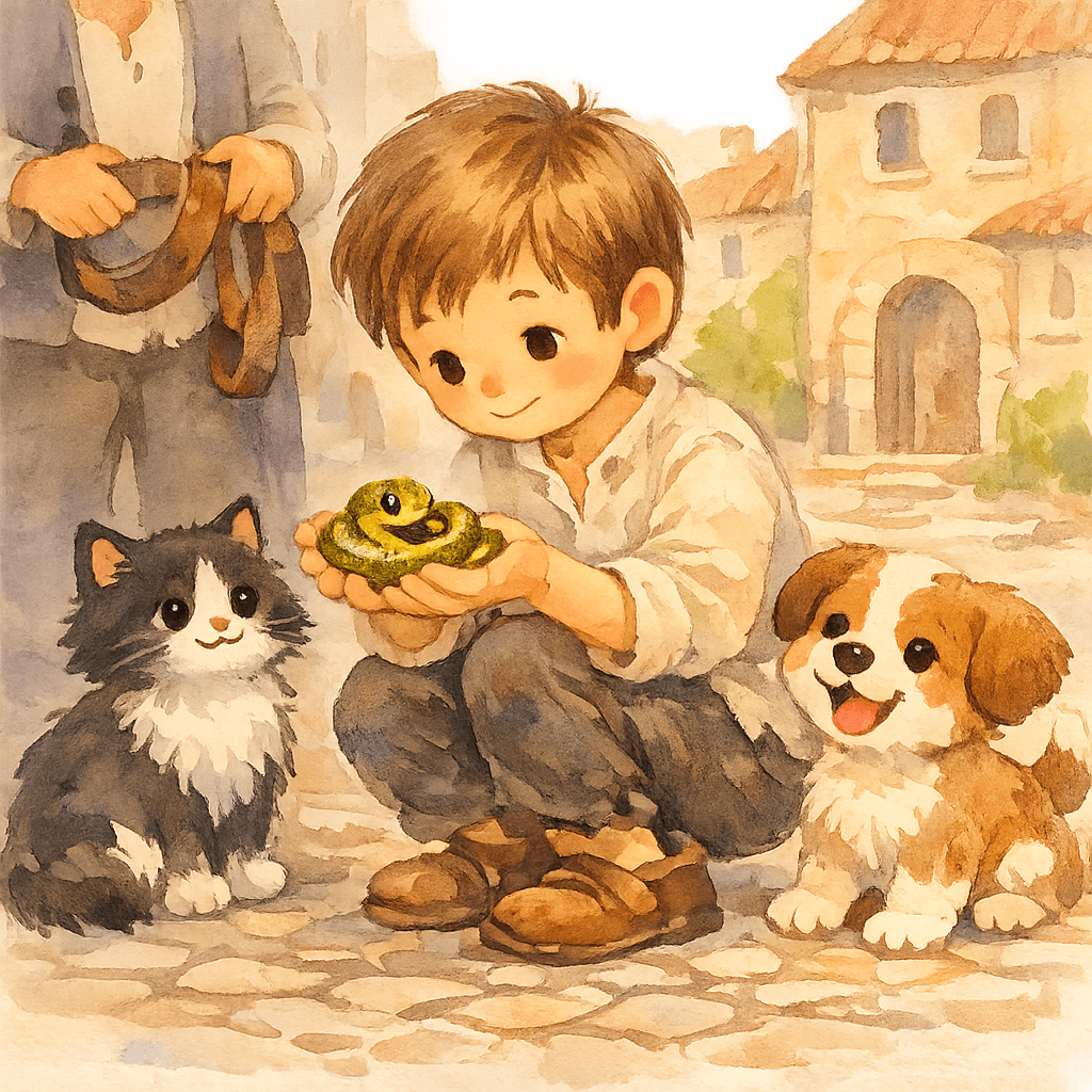 Яник спасает маленькую змейку у мальчишек