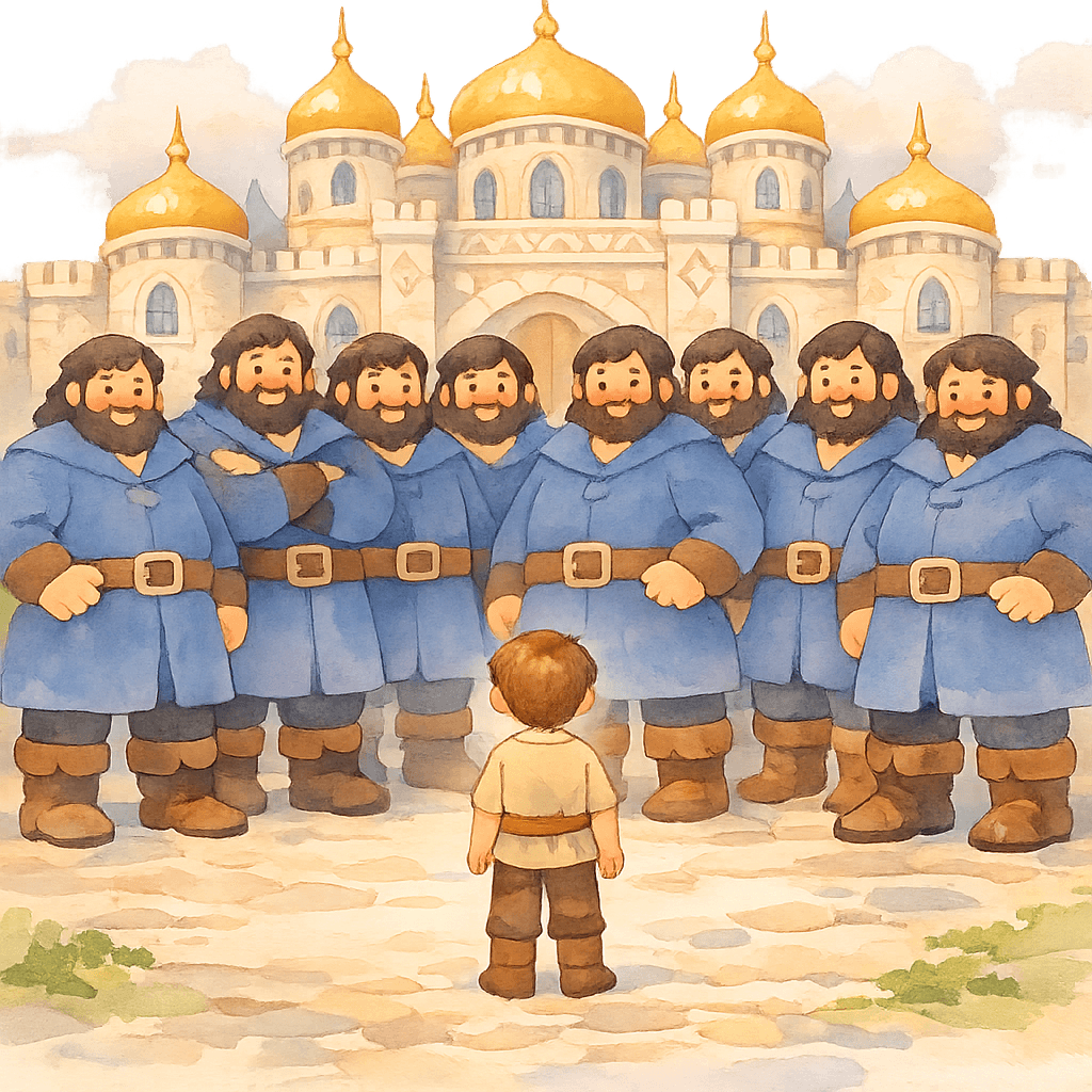 Яник вызывает двенадцать великанов с помощью перстня перед дворцом