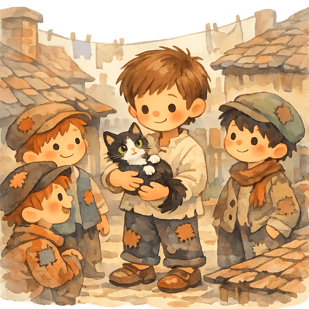 Яник забирает кошку у мальчишек в городе