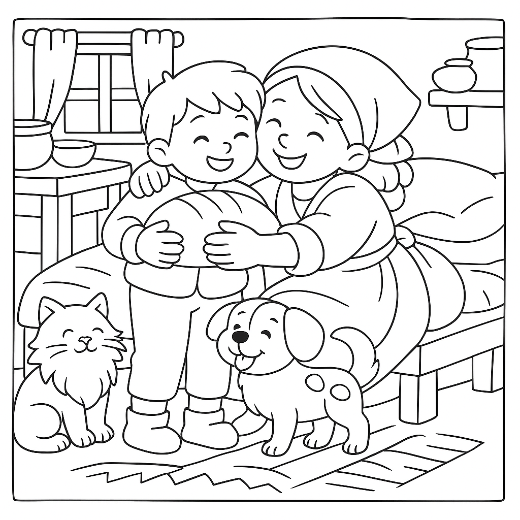 Раскраска по сказке "Змей, кошечка и пес"