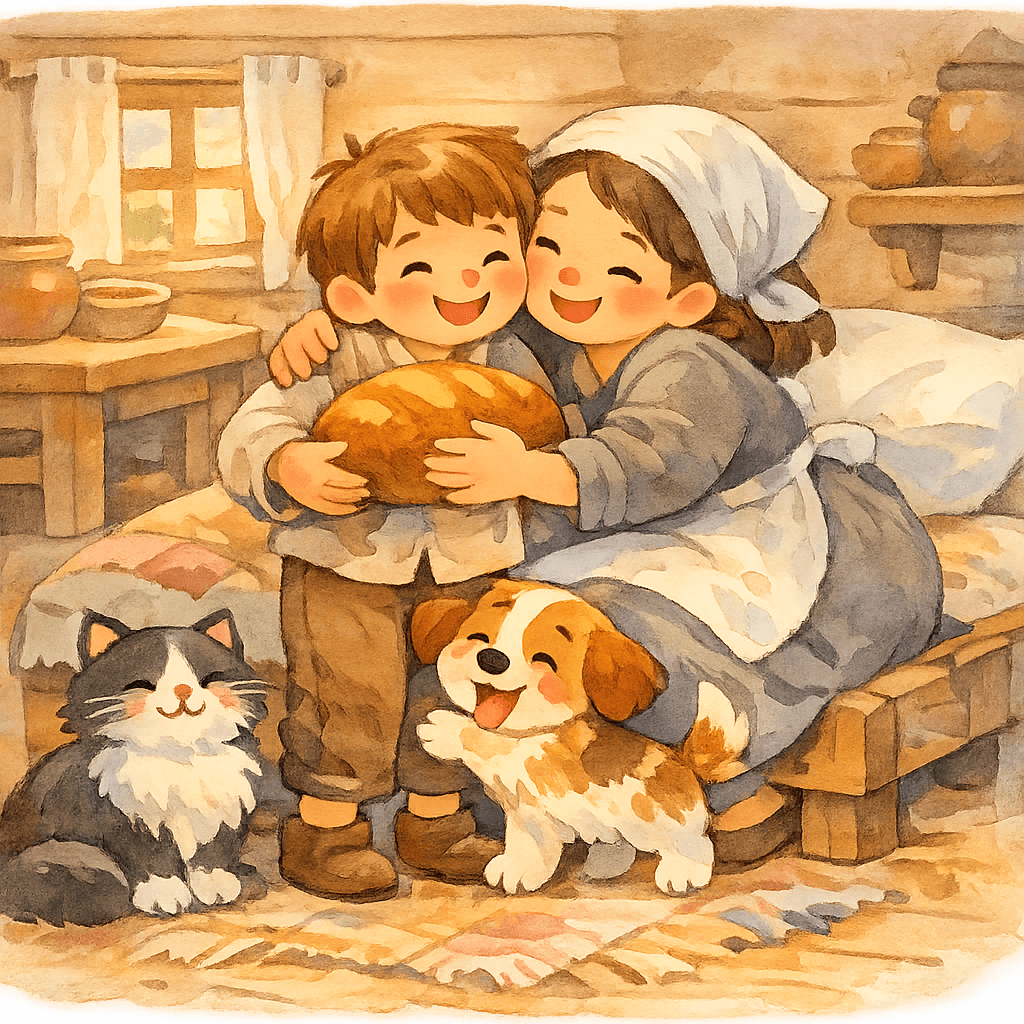 Яник и мать радуются, кот и собачка поели хлеба в избе