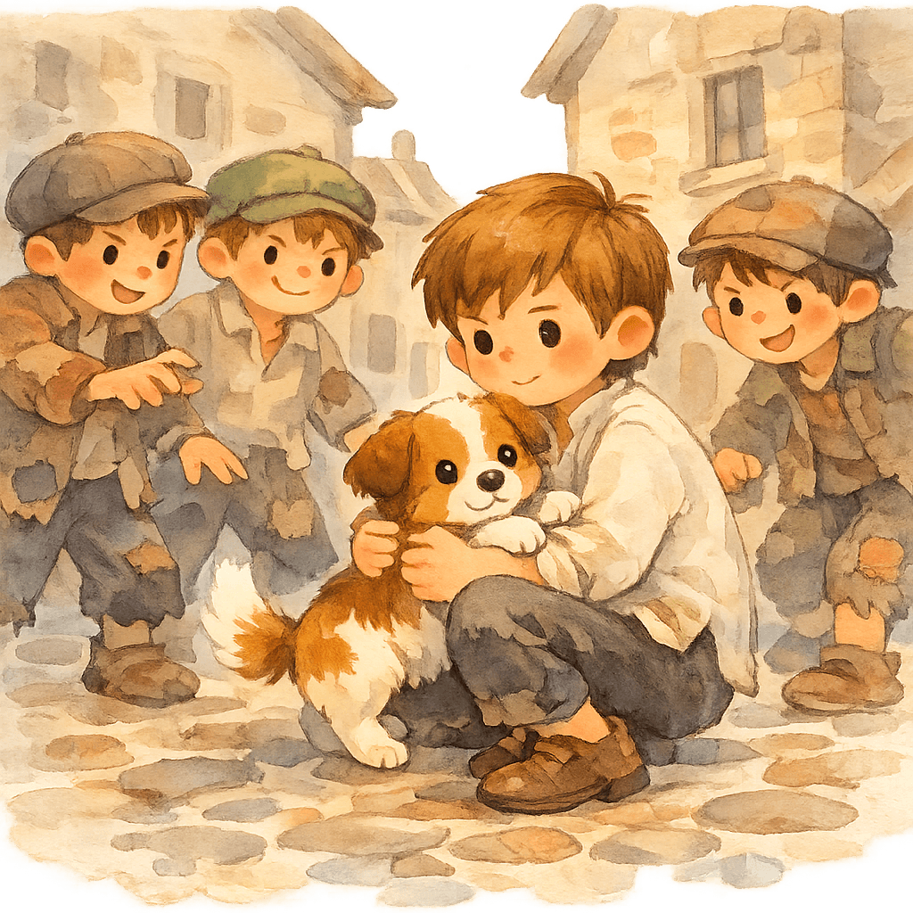 Яник защищает маленькую собачку от мальчишек в городе