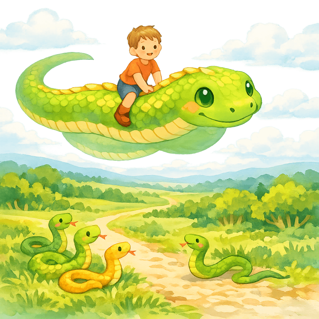 Яник едет верхом на большом змеe над полями и лесами, их приветствуют другие змеи