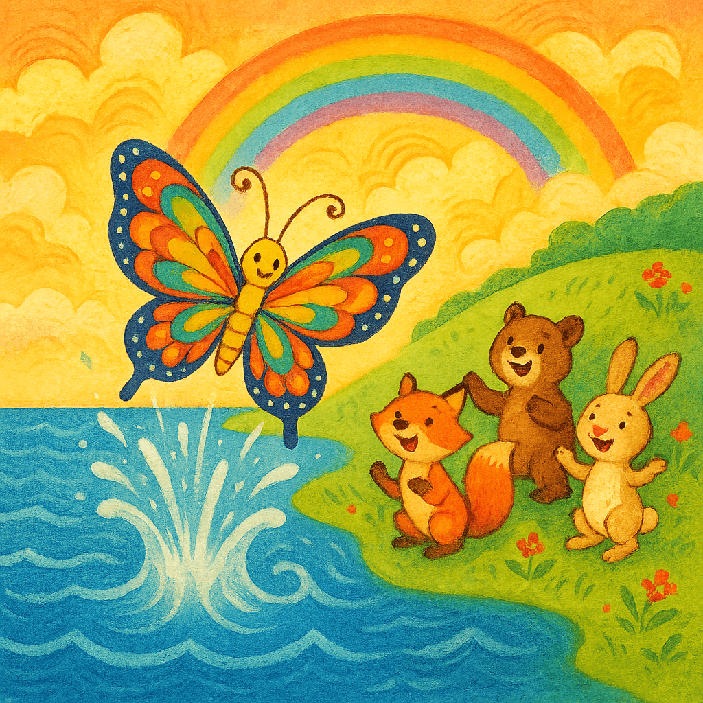 Бабочка тушит море, зверята радуются.