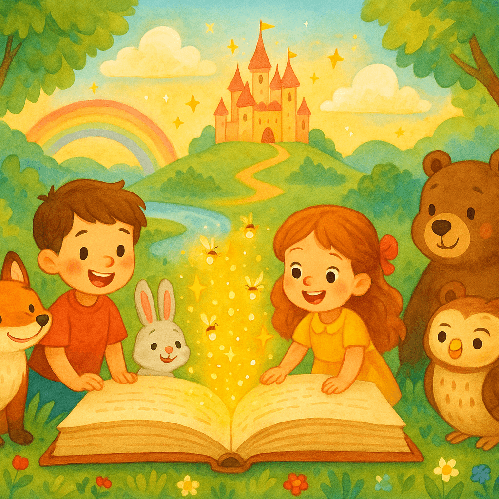 Дети и зверята у волшебной книги в лесу