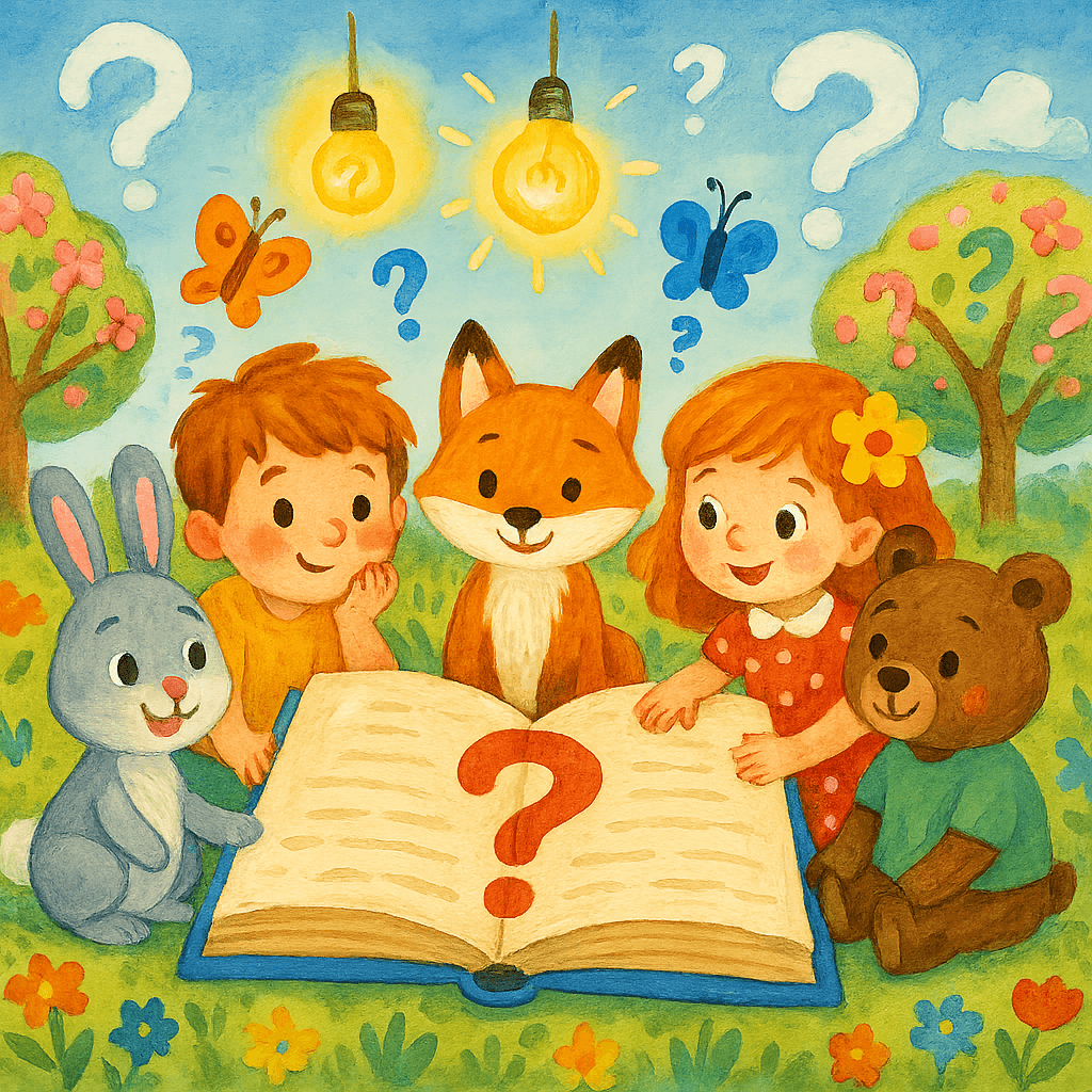 Дети и зверята разгадывают загадки на солнечной поляне, атмосфера радости, познания и дружбы.