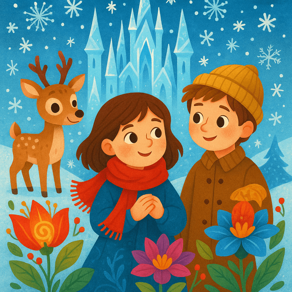Девочка Герда с красным шарфом и мальчик Кай на фоне ледяного замка, вокруг снежинки, оленёнок и волшебные цветы. Иллюстрация для категории «Сказки Андерсена».