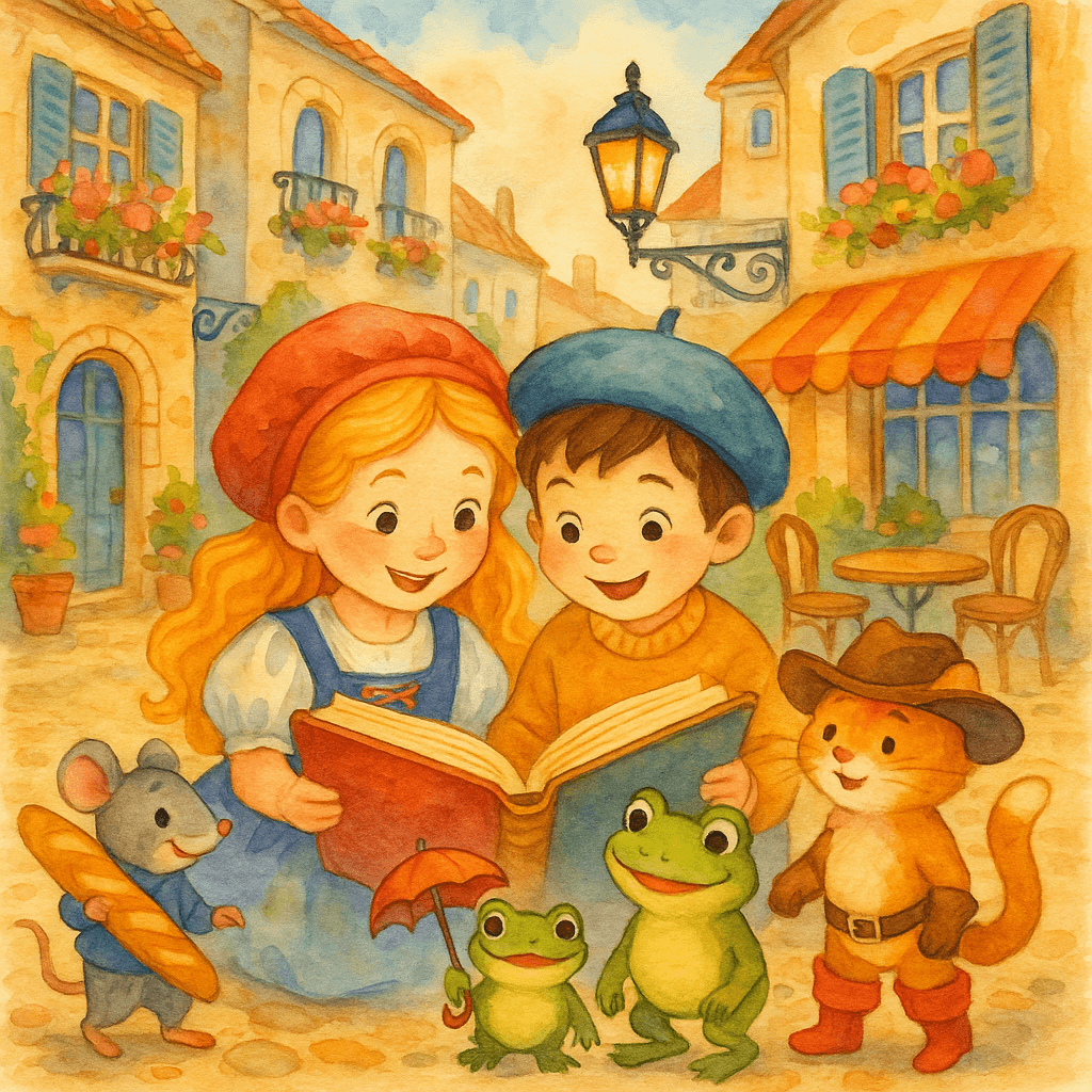 Девочка и мальчик читают книгу на фоне французского городка, рядом сказочные персонажи: мышонок с багетом, лягушка с зонтиком, кот в сапогах. Волшебная атмосфера для детей.