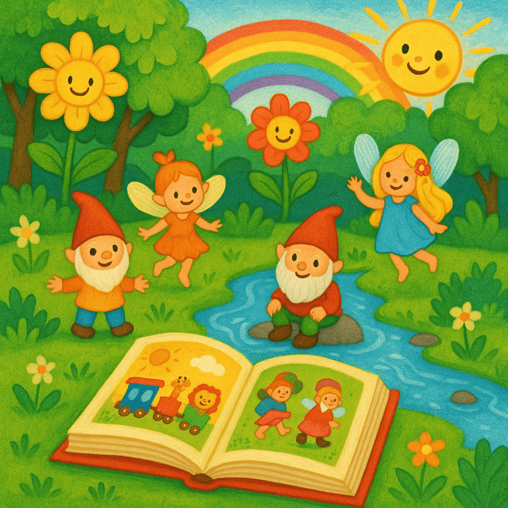 Яркая волшебная поляна с феями, гномами и открытой книгой для категории «Короткие сказки».