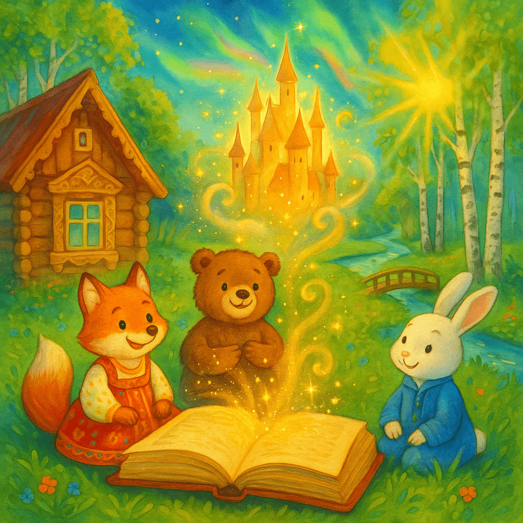 Яркая детская иллюстрация: на солнечной лесной поляне стоит раскрытая старинная книга, из её страниц поднимаются золотые искры и светлячки, вокруг слушают историю добрые зверята. Атмосфера волшебства и уюта.