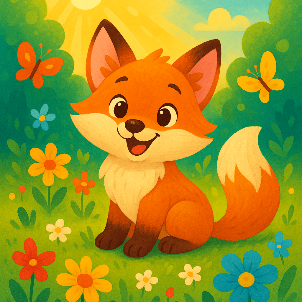 Игривый лисёнок на чудесной лесной полянке, вокруг цветы и бабочки. Современный детский стиль, атмосфера уюта и волшебства.