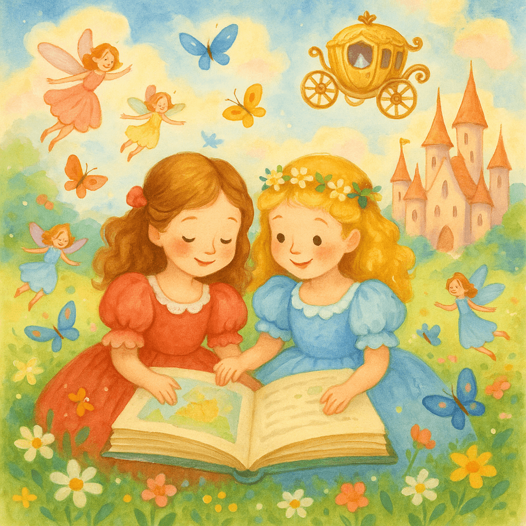 Две девочки в пышных платьях читают книгу на поляне у замка, вокруг феи и бабочки, атмосфера французской сказки.