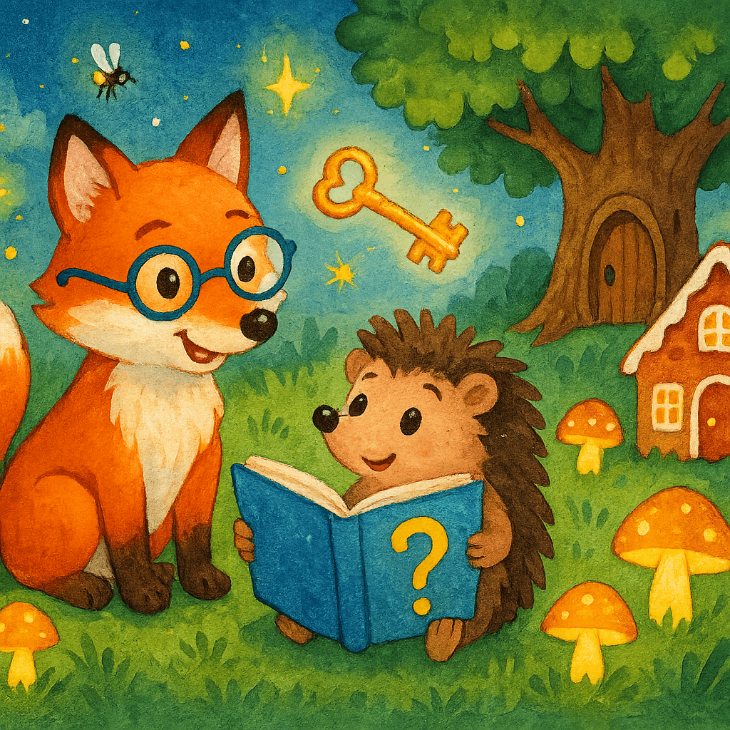 Лиса в очках и ёжик с книжкой разгадывают загадку на волшебной поляне, вокруг сияющие грибы-фонарики, золотой ключ и пряничный домик. Яркая детская иллюстрация, стиль доброй сказки.