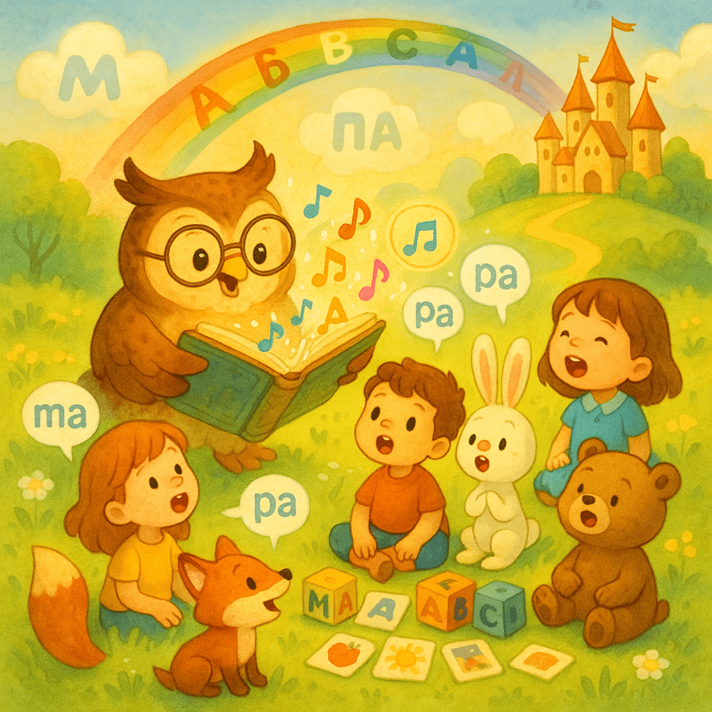 Сова и дети с буквами на сказочной поляне