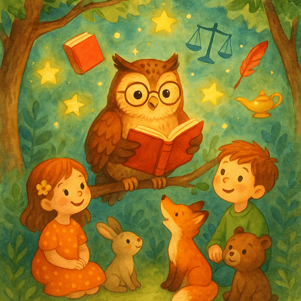 Мудрая сова в очках рассказывает сказку детям и зверятам на фоне волшебного леса, вокруг светящиеся звёздочки и книги. Яркая детская иллюстрация для категории «Сказки о мудрости».