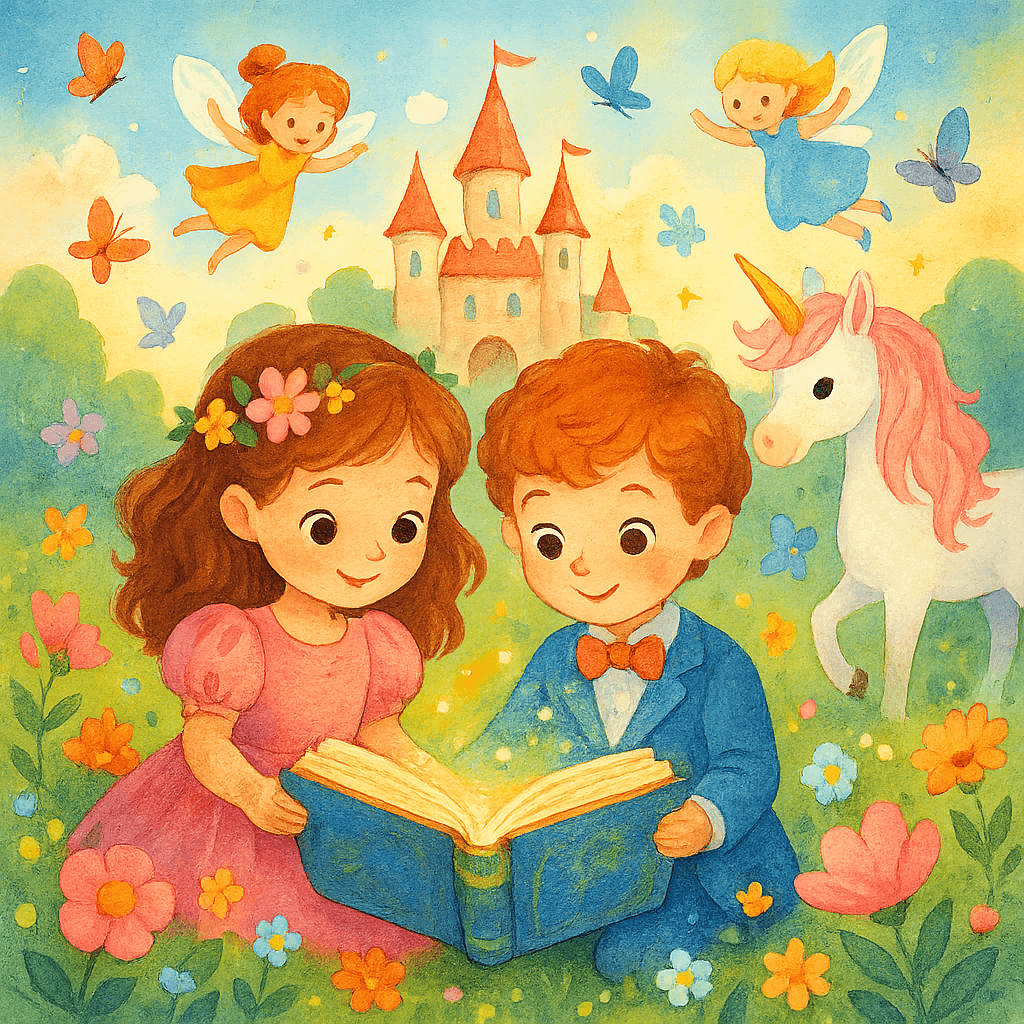 Девочка и мальчик читают волшебную книгу на цветущей поляне, вокруг сказочные элементы: замок, феи, единорог и бабочки. Яркая детская иллюстрация для категории «Сказки для девочек».