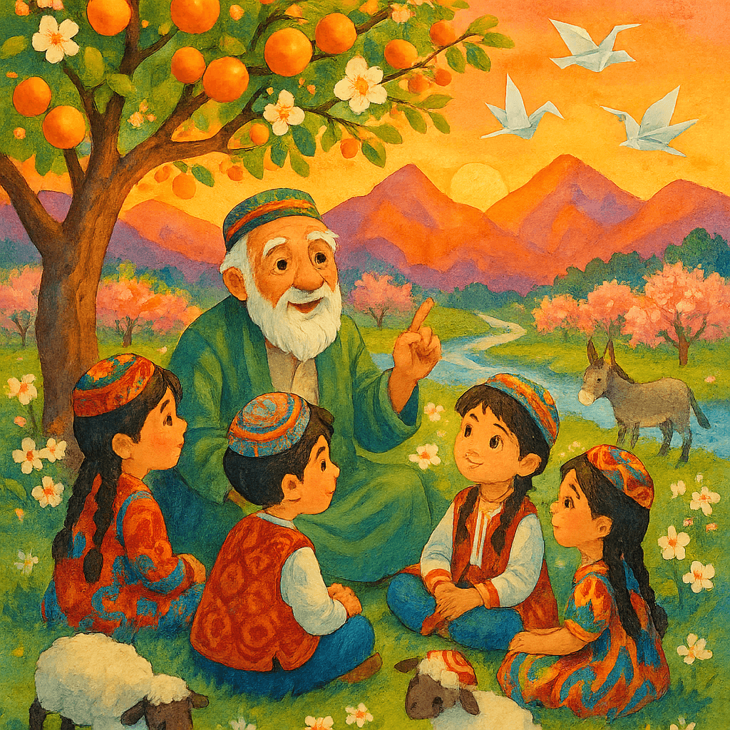 Дети в таджикских костюмах слушают сказку у старца под абрикосовым деревом на фоне гор и цветущих садов, восточный детский стиль.