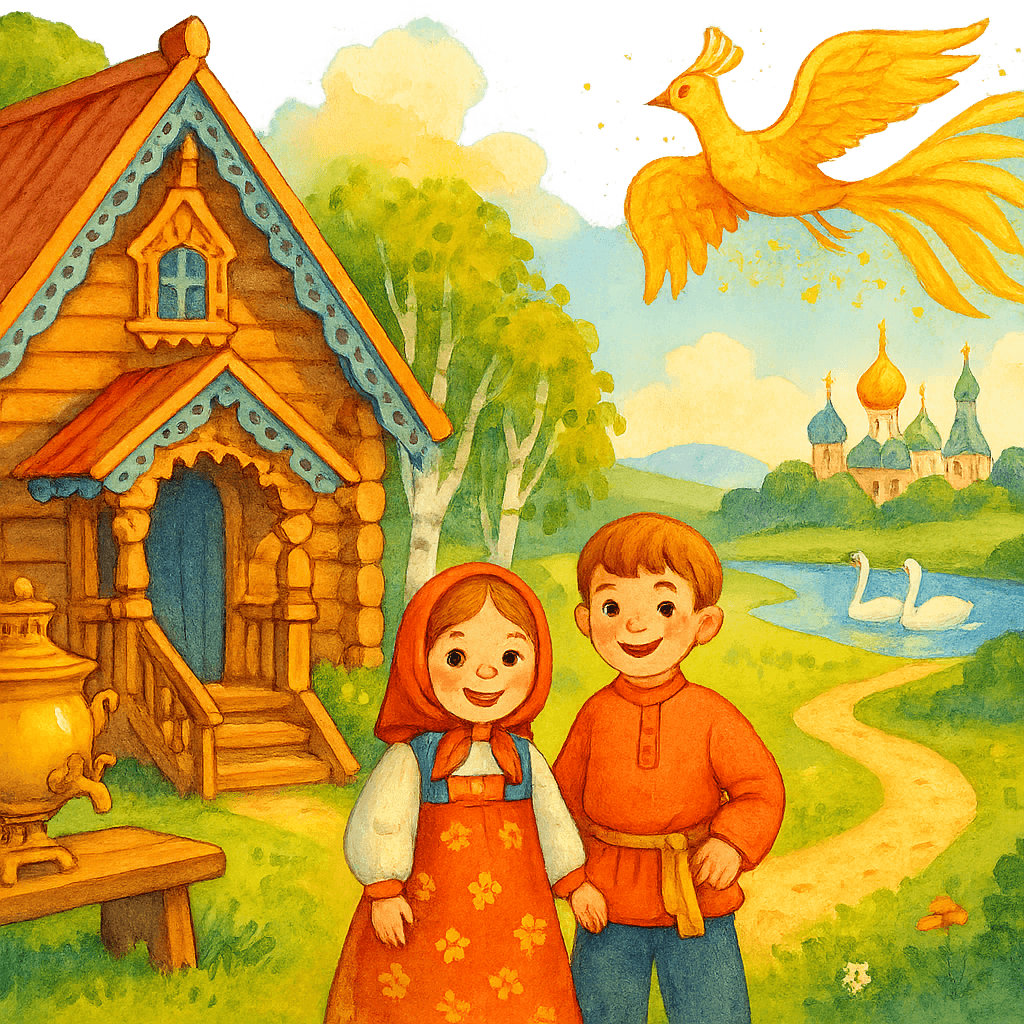 Яркая детская иллюстрация: деревянный терем, самовар, дети в народных костюмах, Жар-птица в небе и сказочный город вдали. Атмосфера доброты и чудес, стиль русской классики.