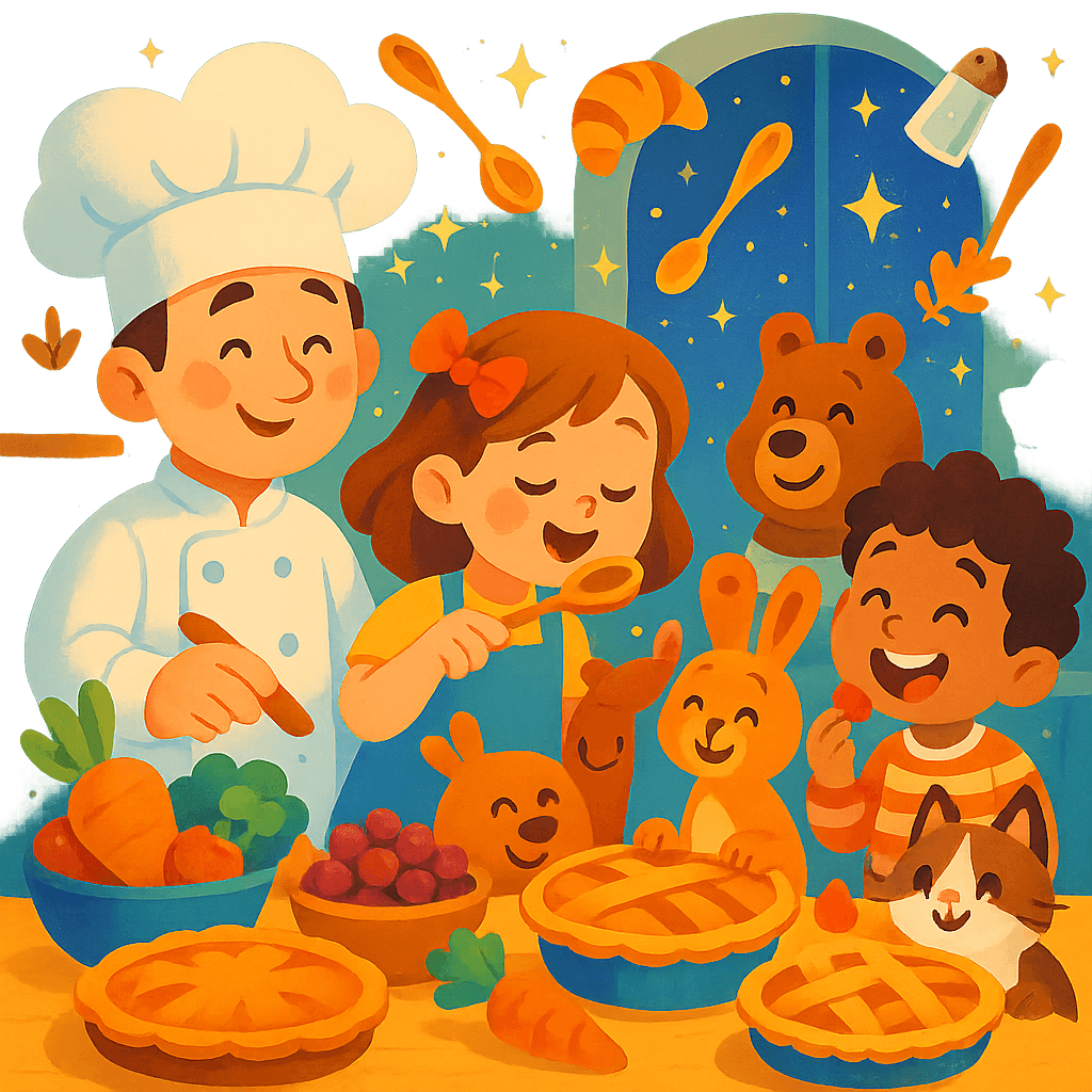 Дети и зверята готовят и пробуют блюда на сказочной кухне: пироги, фрукты, овощи, весёлый поварёнок помогает малышам. Волшебные элементы, атмосфера уюта и радости, современный детский стиль.