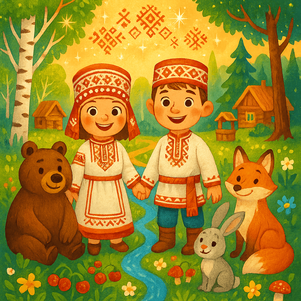 Дети в мордовских костюмах на солнечной поляне Мордовии, рядом медведь, лиса и заяц, вокруг цветы, ягоды и волшебные огоньки. Атмосфера тепла, дружбы и чуда, яркий детский стиль.