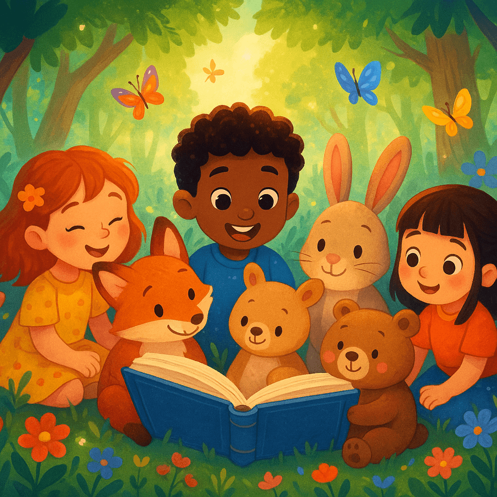 Дети и зверята читают сказки на фоне волшебного леса, атмосфера уюта и вдохновения, современный сказочный стиль.