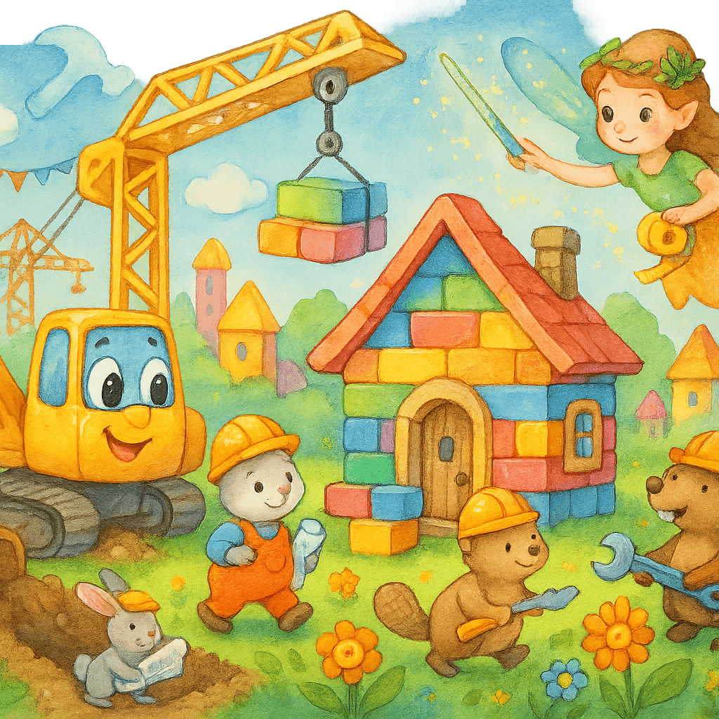 Яркая сказочная стройка: добрый кран, экскаватор и зверята-строители строят домик-теремок, фея-архитектор помогает, радужные цвета, мультяшная акварель, атмосфера безопасности и радости.