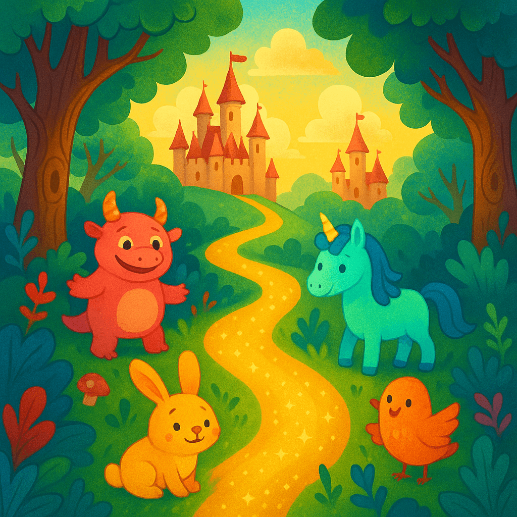 Яркая волшебная иллюстрация: волшебный лес, замки и фантастические добрые существа
