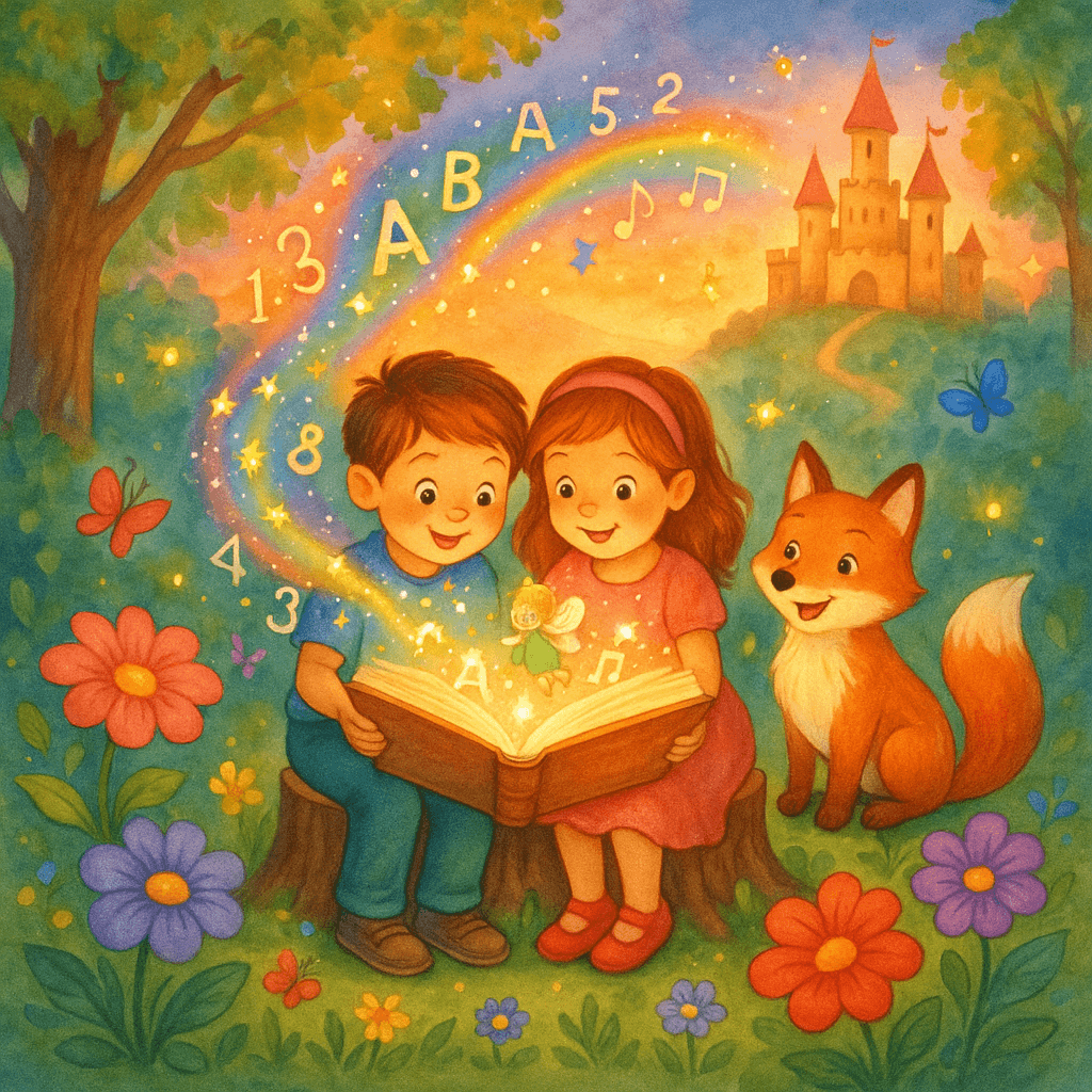 Мальчик и девочка 7–10 лет читают волшебную книгу на пне в сказочном лесу, рядом лисёнок и фея, вокруг радуга из букв и звёзд.