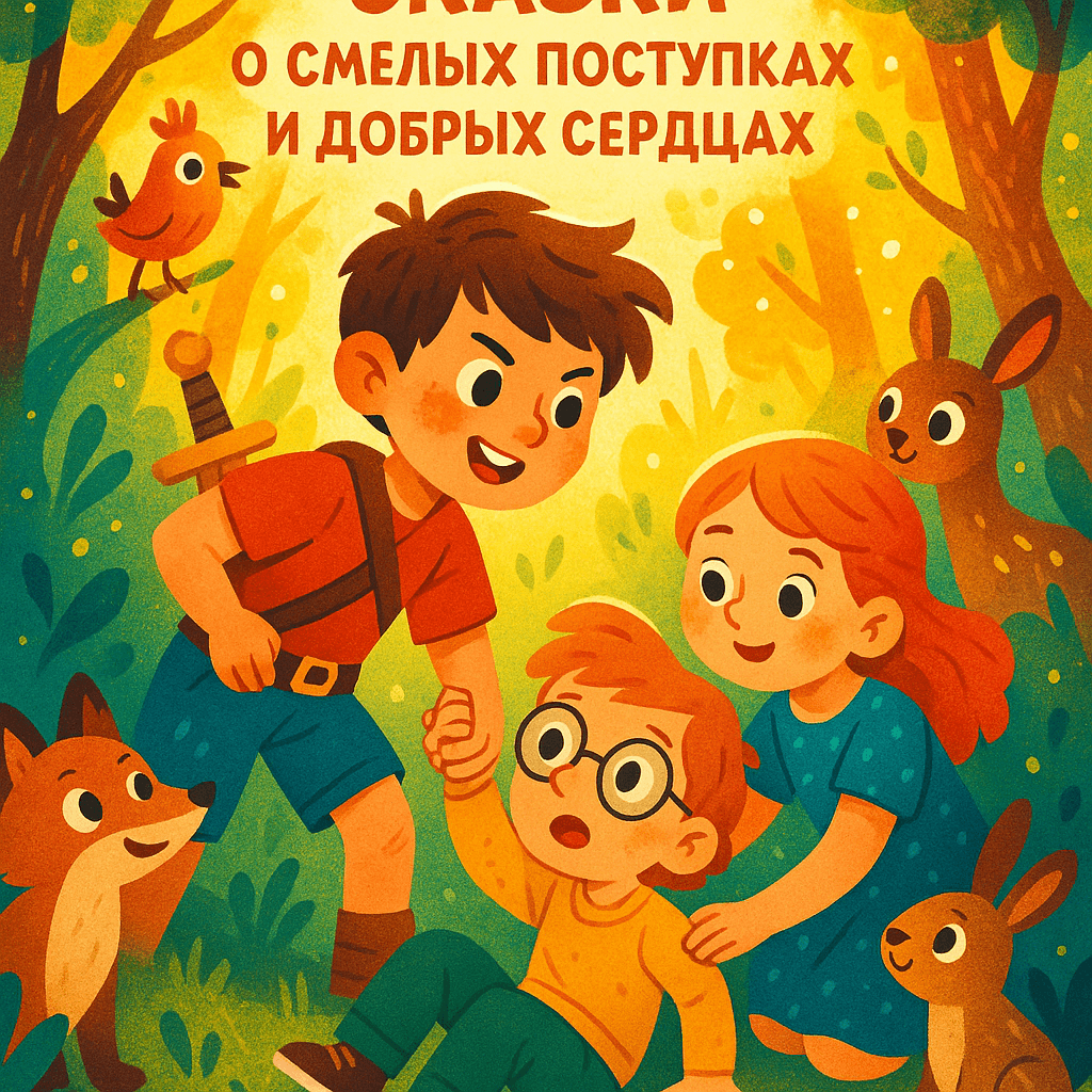 Храбрый мальчик и девочка помогают другу в волшебном лесу. Яркая современная детская иллюстрация.