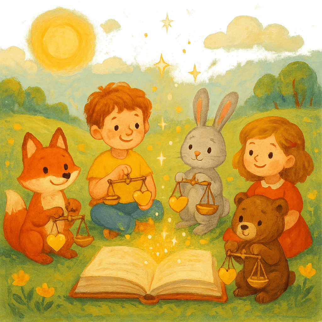 Дети и зверята обсуждают справедливость на поляне с весами и книгой, атмосфера добра и честности.