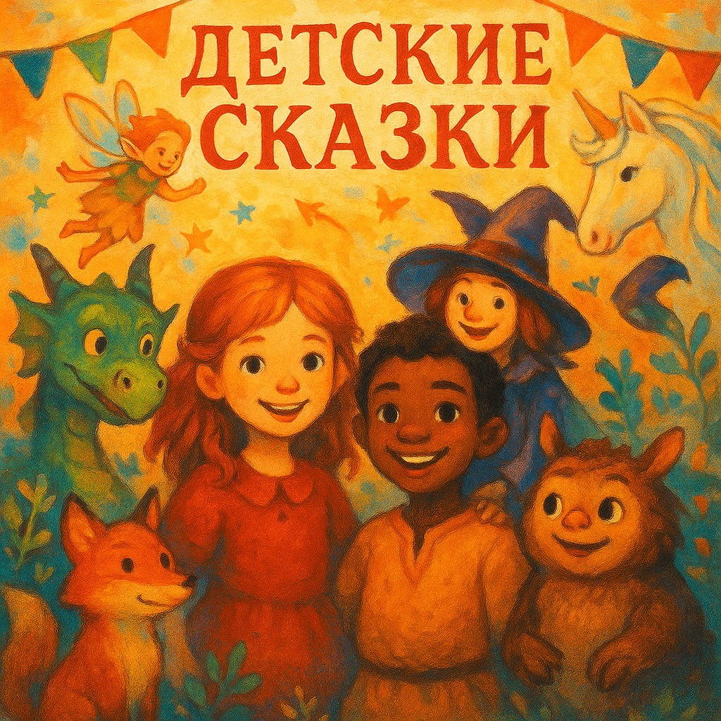 Маленький герой с друзьями в сказочном лесу.