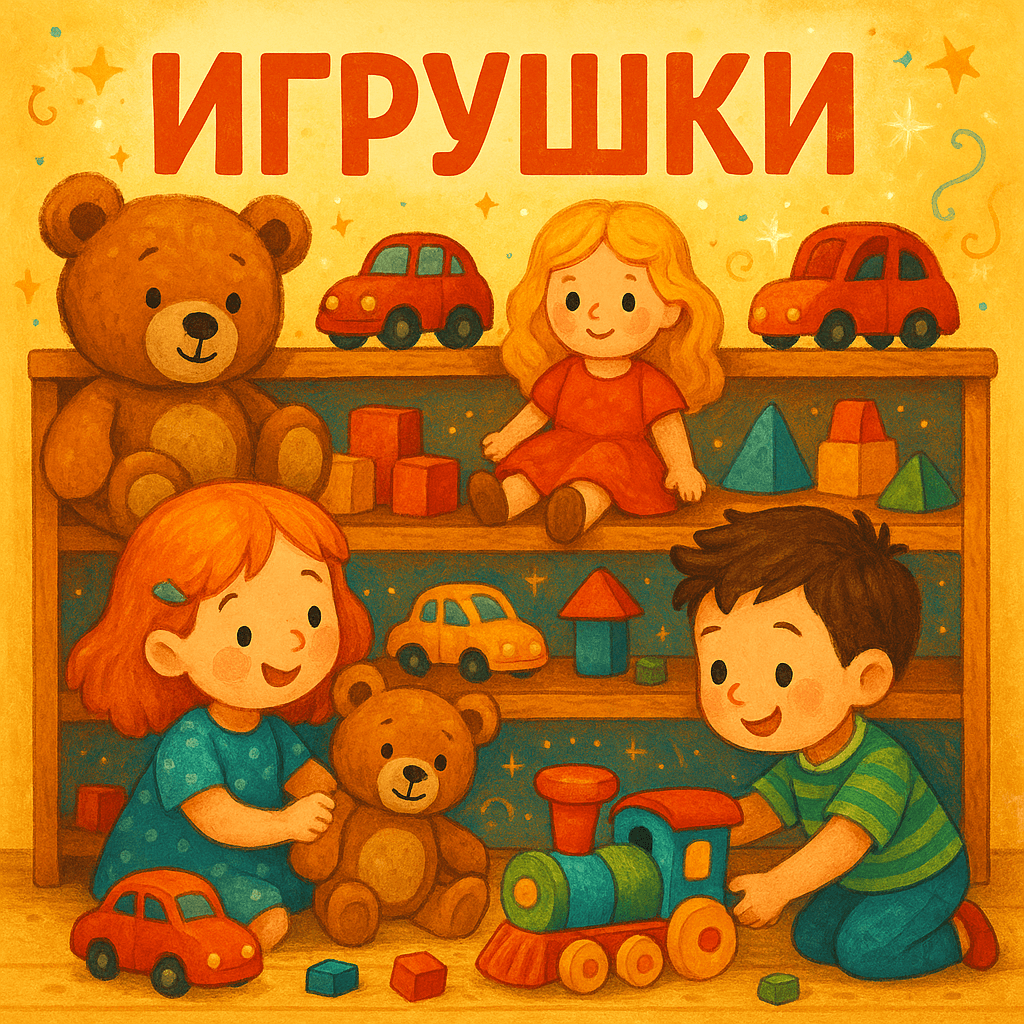 Яркая полка с разными игрушками, дети играют, плюшевые мишки, машинки, куклы, паровозик, волшебная атмосфера.
