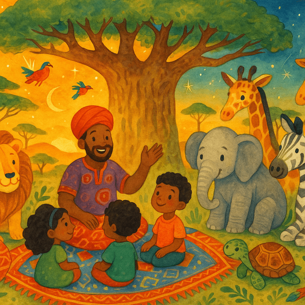 Дети и звери слушают сказку под баобабом