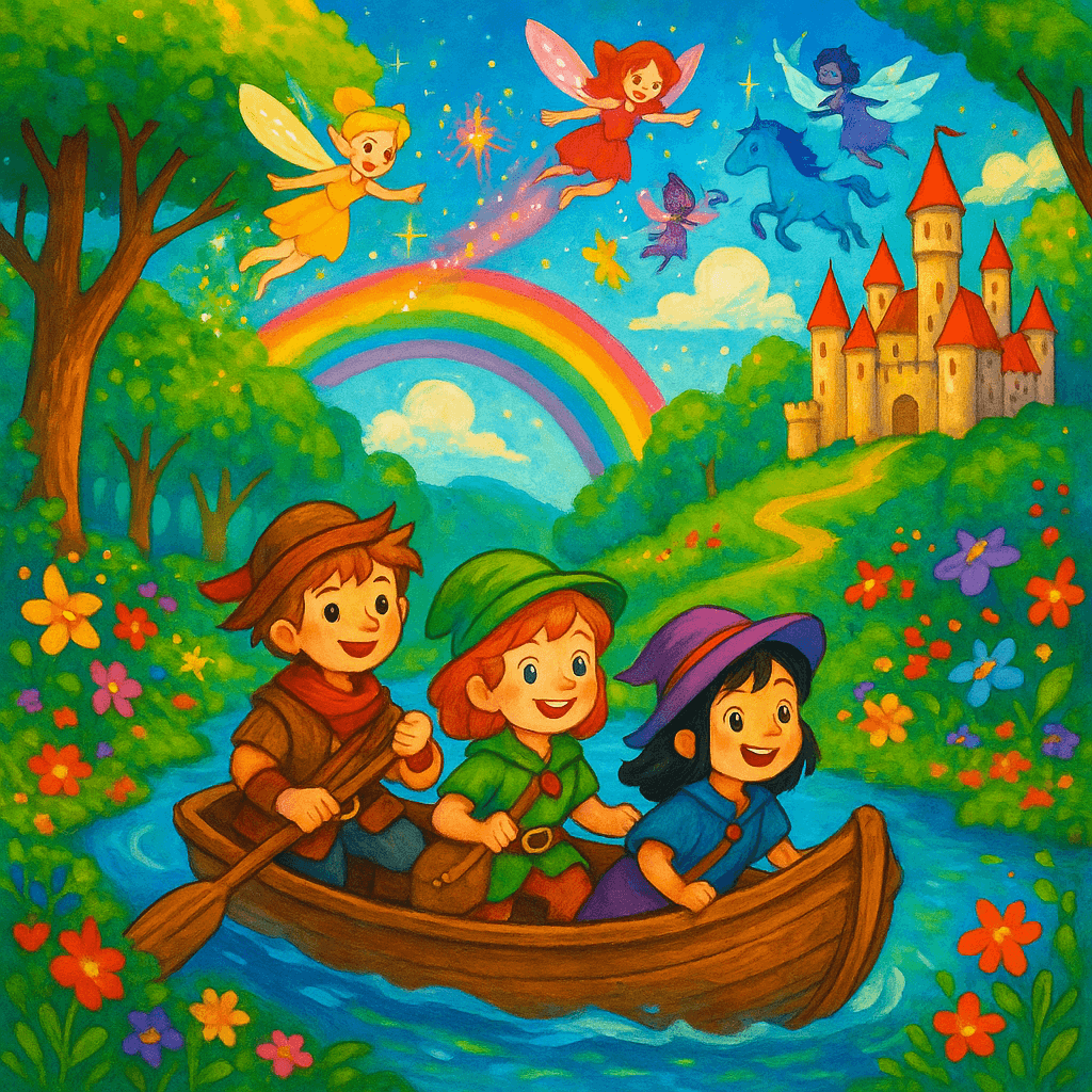 Дети в приключениях, волшебные существа, радужный фон.