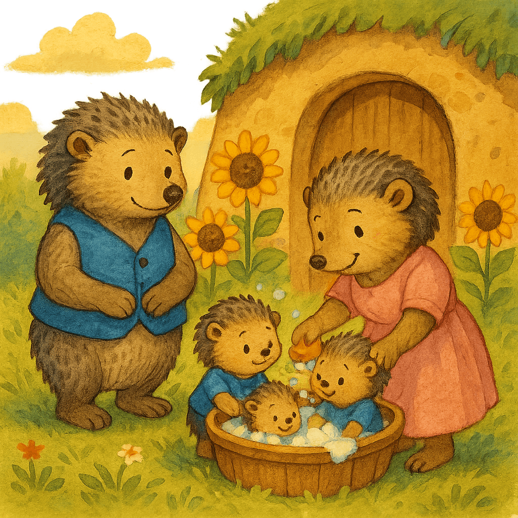 Ёж стоит перед домиком, ежиха моет детишек на лужайке.