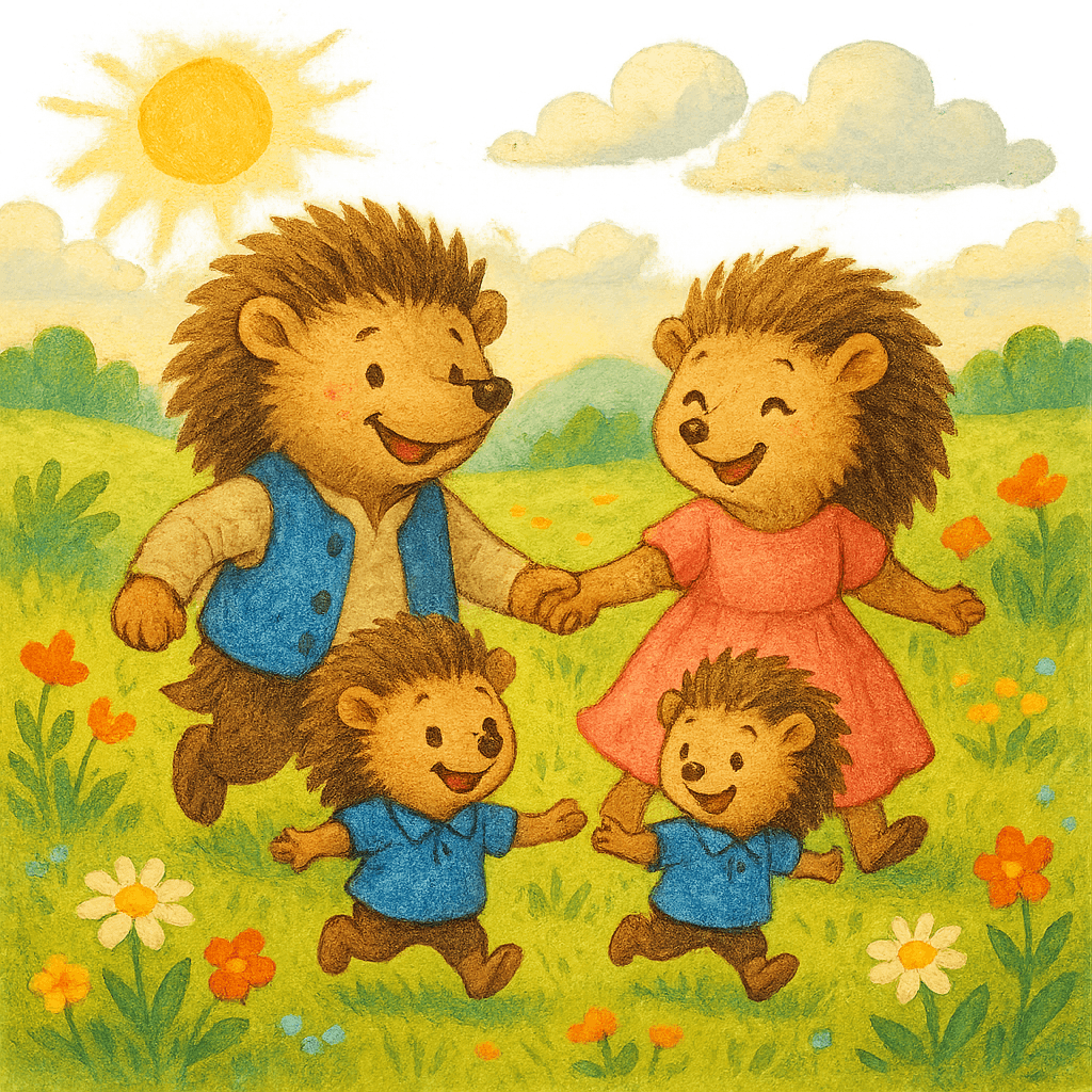 Семья ежей весело гуляет по полю.