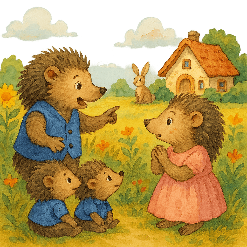 Ёж советуется с женой возле домика, рядом бегают ежата.