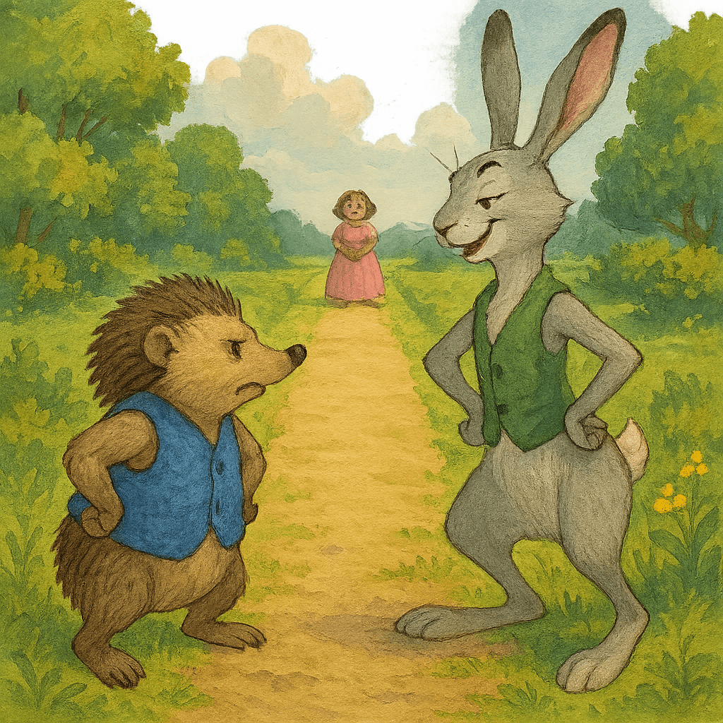 Ёж и заяц стоят на старте возле длинного поля, вдали ждёт ежиха.