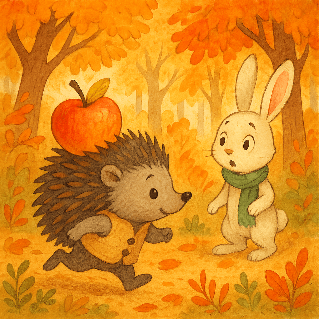 Ёжик убегает с яблоком, насаженным на иголки, за ним гонится заяц