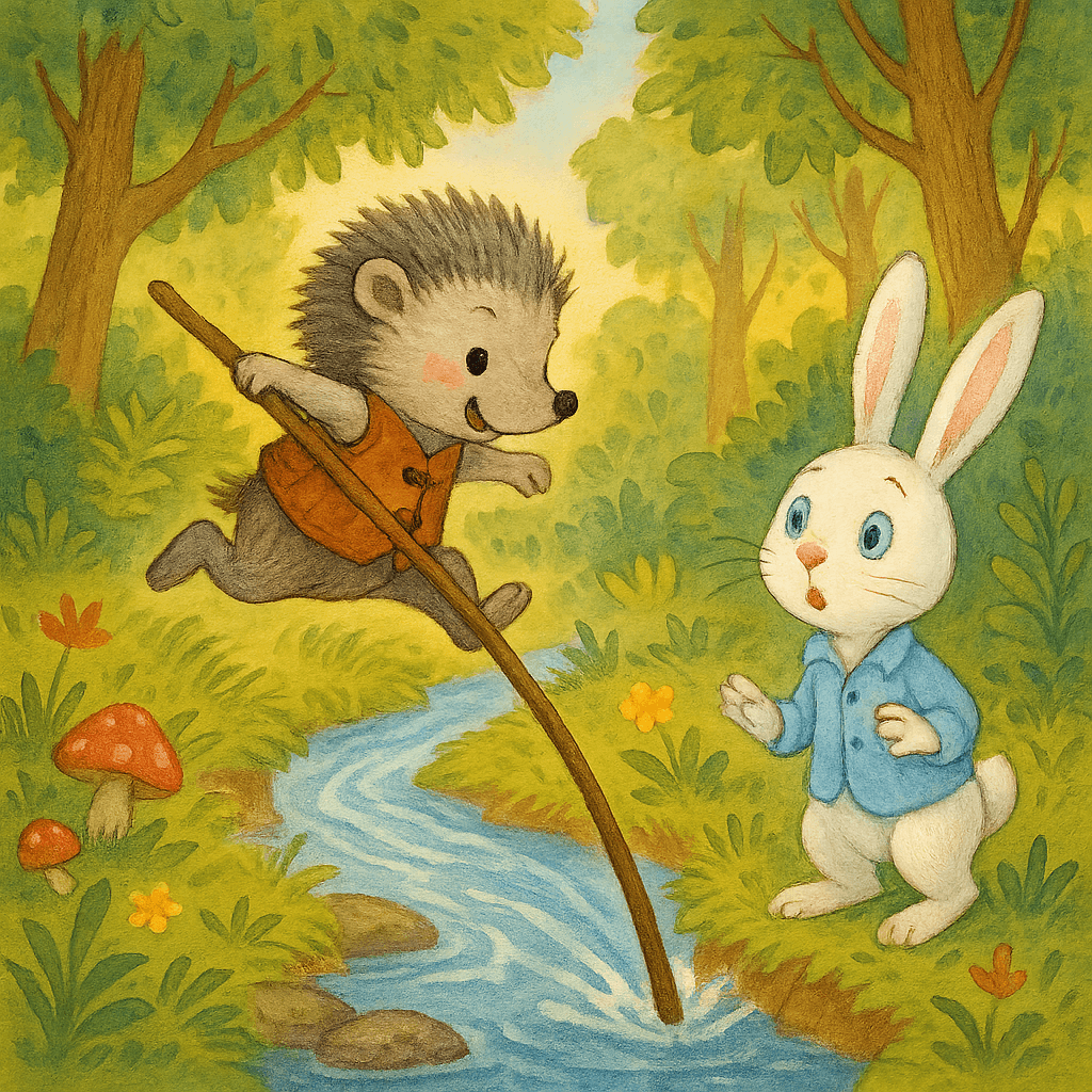 Ёжик с помощью палочки перепрыгивает ручей, Заяц удивлён