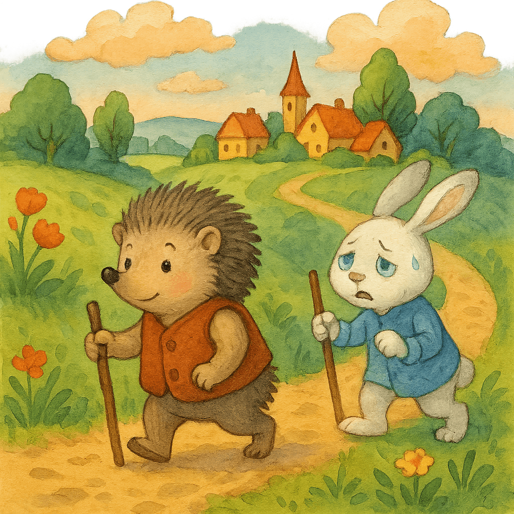 Ёжик тащит уставшего Зайца в гору, помогая палочкой