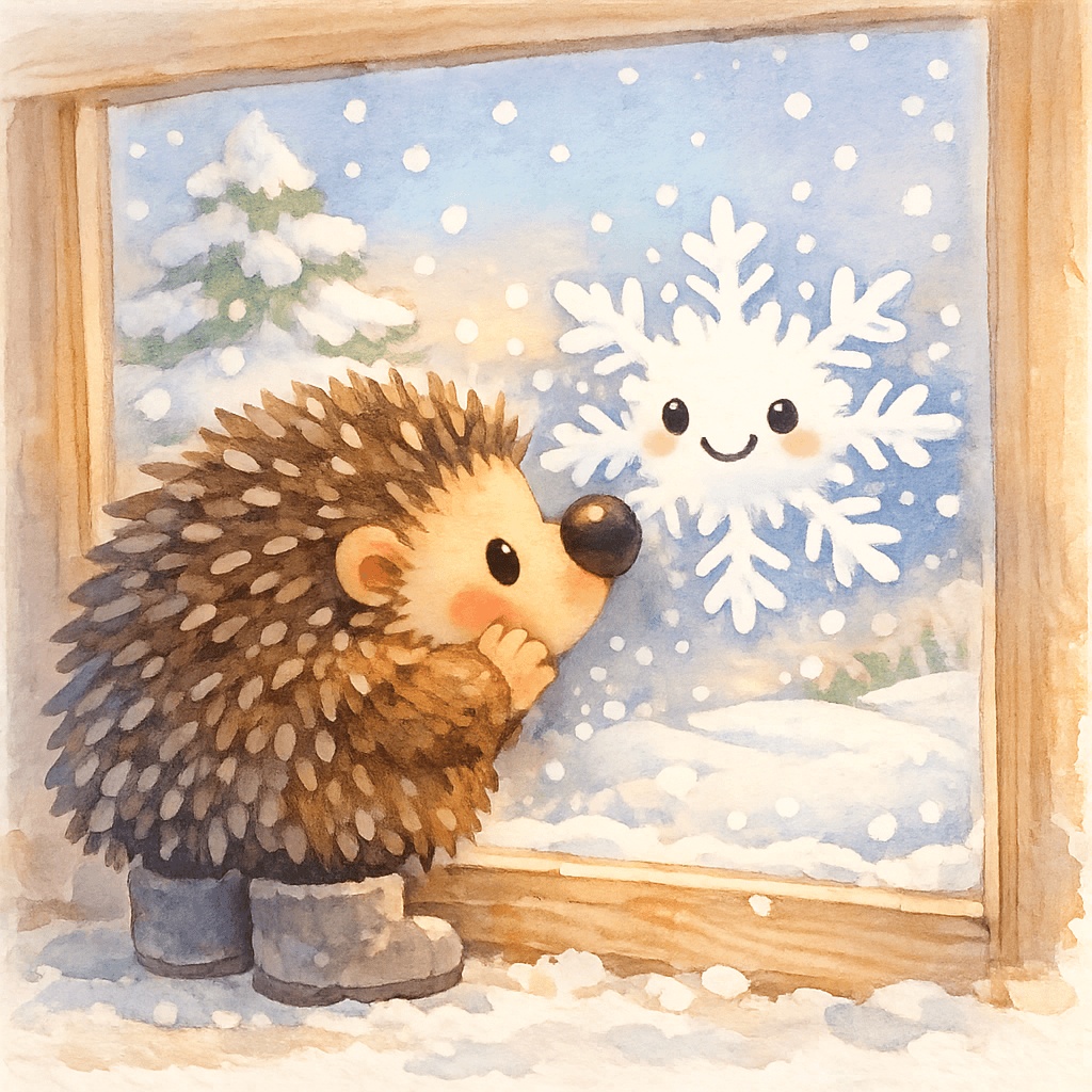 Ёжик прижавшись носом к стеклу, а на стекле веселая Снежинка