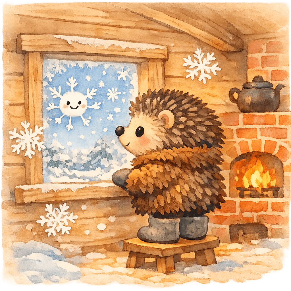 Ёжик сидит на подоконнике, смотрит в окно, за которым кружат снежинки