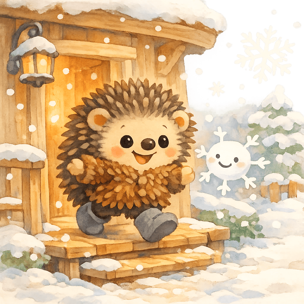 Ёжик выбегает на крыльцо звать поросенка, вокруг кружатся снежинки