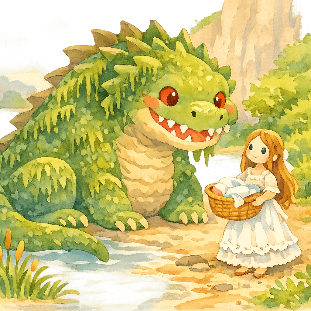 Марта в белом платье у реки с огромным зеленым драконом у скалы
