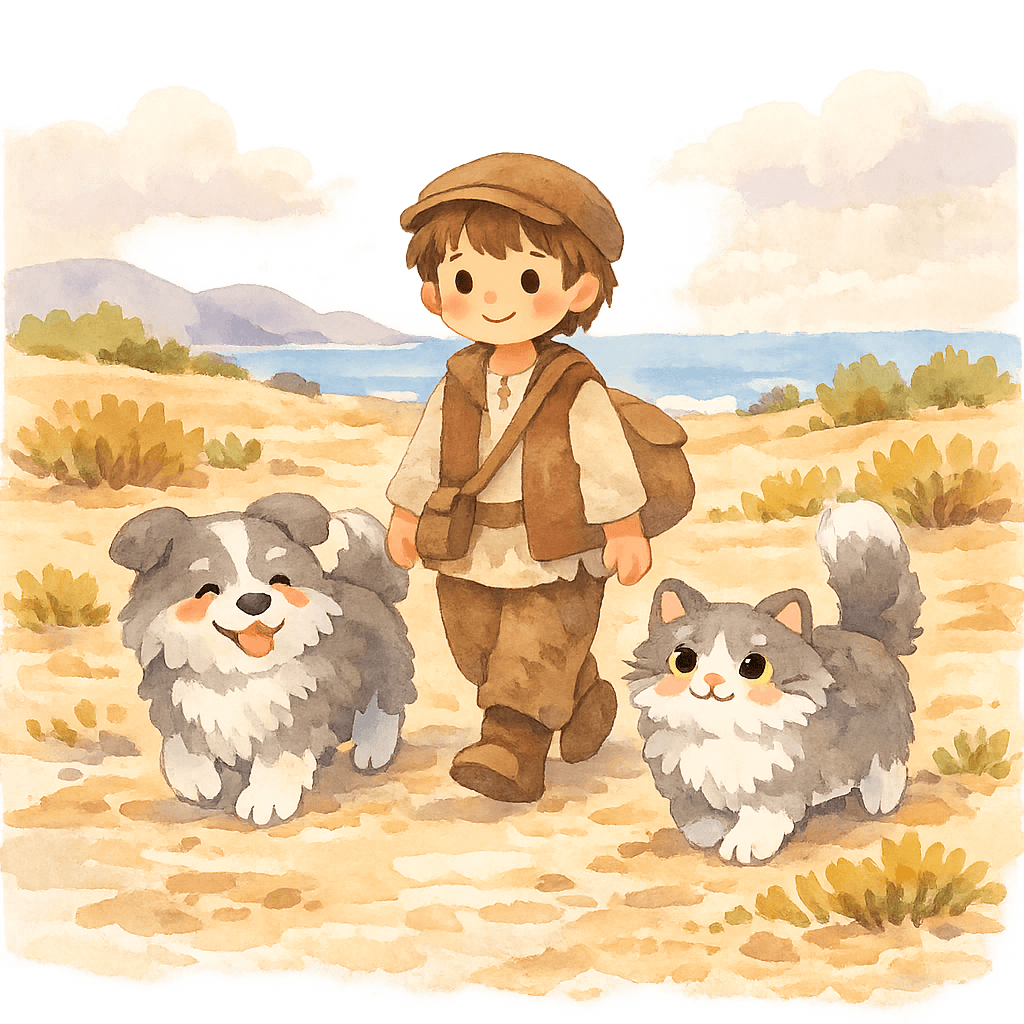 Юноша, собака и кошка идут по пустыне к морю